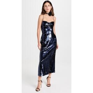 Sabina Musayev Navy Sapphire Open Lace Up Back Midi Lera Sequin Dress